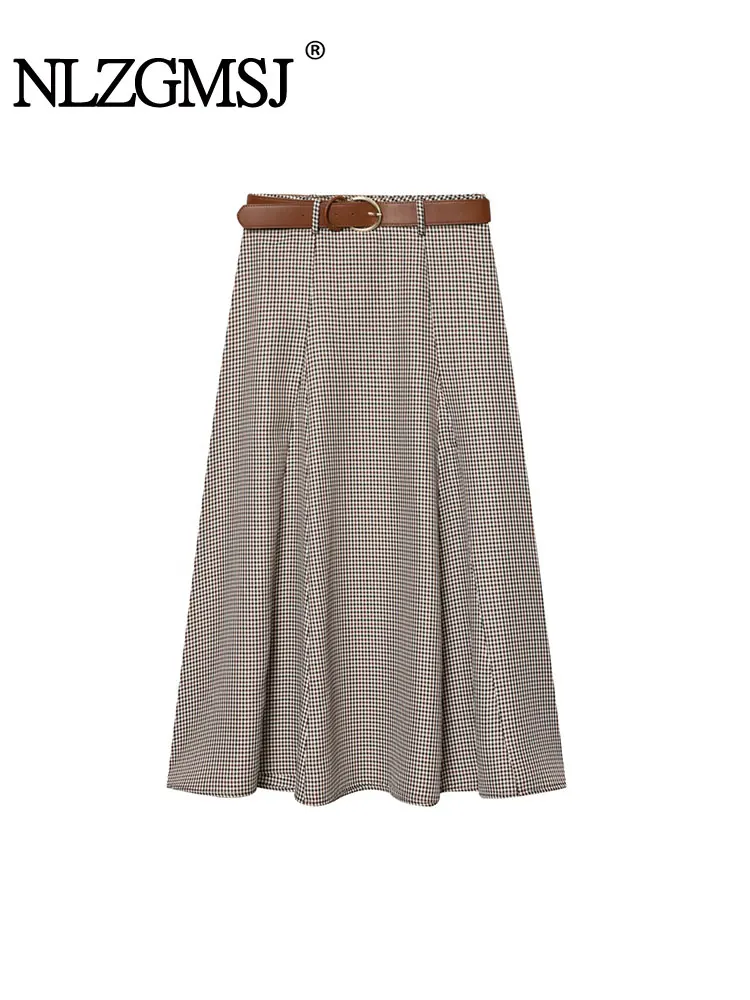 NLZGMSJ مع حزام النساء منقوشة التنانير 2026 الربيع سستة سميكة عالية الخصر ألف خط تنورة الإناث ميدي تنورة طويلة Y2K #1