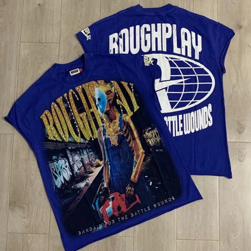 New ROUGH PLAY Men's T Shirt Retro Faded Tee Hotfix Rhinestone Letter Mask Skeleton Street Graphic Casual Tank Top