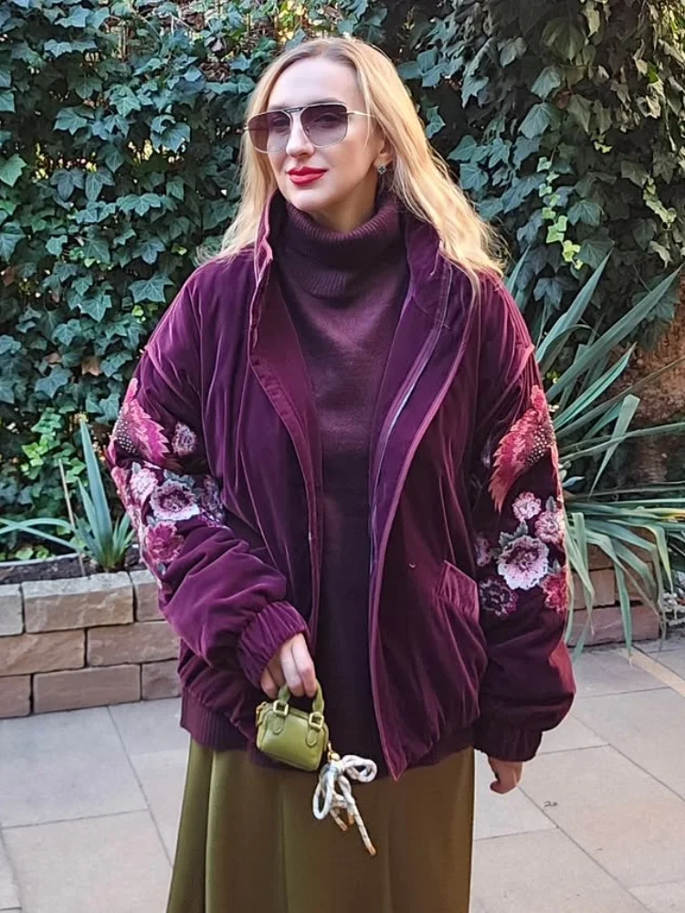 Embroidery Flower Velvet Female Jacket Zipper Loose Long Sleeve Fashion 2025 Winter Thicken Women Co