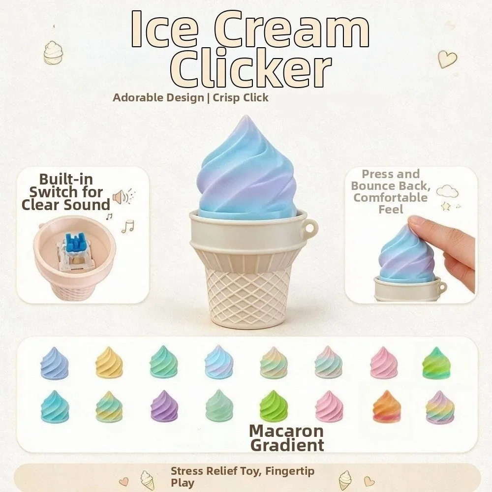 3D Printed Ice Cream Clicker Keychain Simulation Mini Figurine Ice Cream Clicker Plastic Push Pop Button Decompression