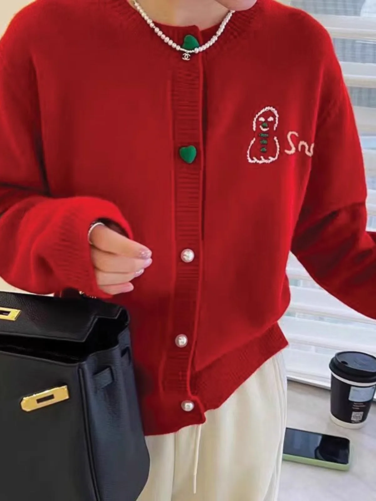 

Красный вязаный кардиган Cisas с вышивкой снеговика и пуговицами-сердечками, женский топ, зимняя верхняя одежда премиум-класса, свитер