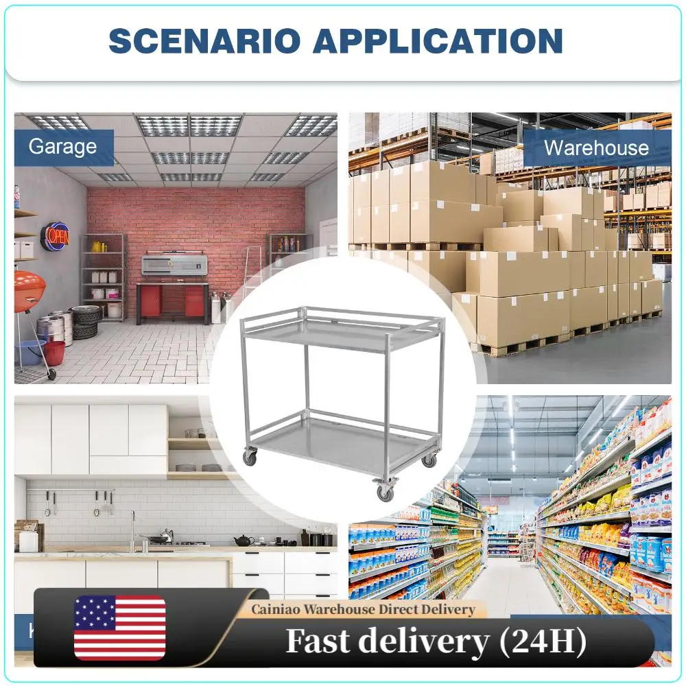 

Металлическая тележка на 2 полки с колесами, грузоподъемность 300 кг, с ручкой, для склада/гаража/уборки/производства