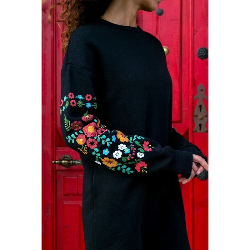 Y2k Europe and America Simple Street traf Joker Commuter Embroidered French Long Sleeve Top Women\'s Dress Long Dress