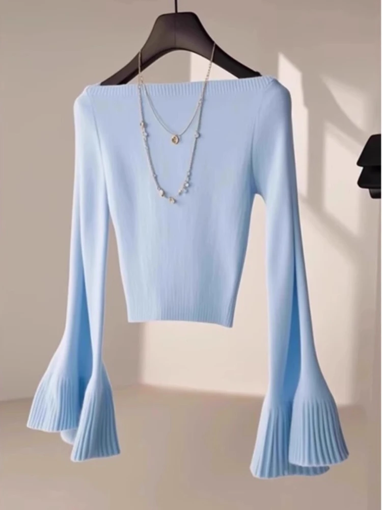 

Пуловеры с корейским дизайном, однотонные укороченные топы с разрезным вырезом и расклешенными рукавами, осенне-зимние свитера, женская тонкая женская одежда, новинка 2023 года