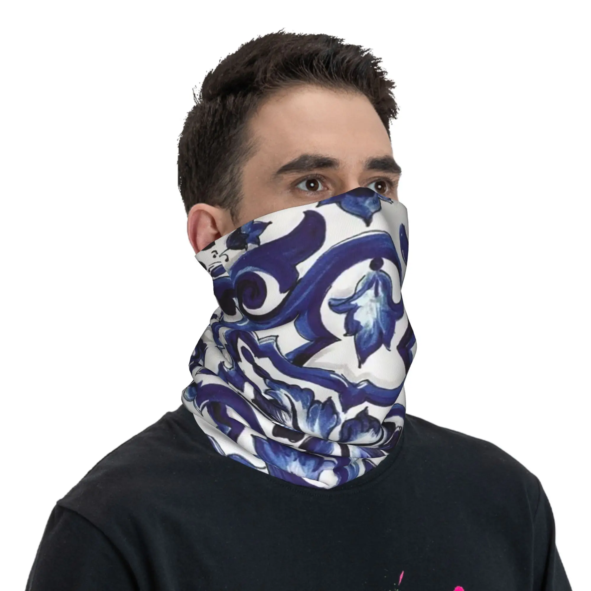 파란색 화려한 꽃 지중해 시칠리아 타일 두건 목 커버 인쇄 랩 마스크 스카프 Balaclava 남성 여성을위한 실행
