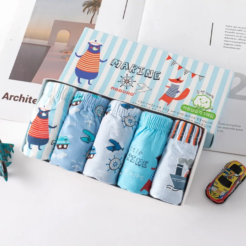 5-Piece Cotton Boy Underwear Marine Pattern Briefs For Boys Washable Breathable Comfortable Daily Wearing Kids Triangle Shorts
