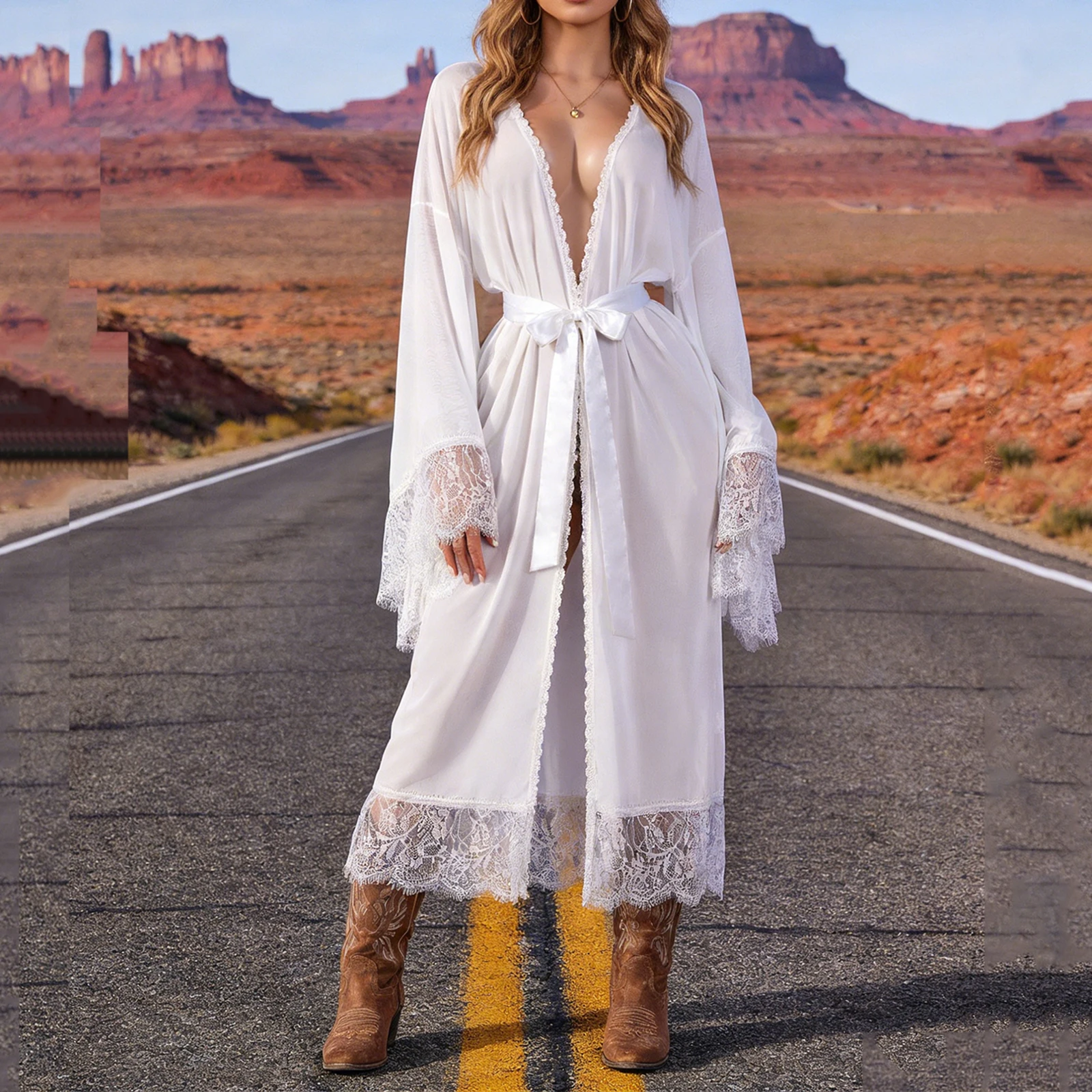 

Новинка Весна 2026: Модный женский пеньюар с кружевной отделкой, сексуальное прозрачное платье-боди с длинным рукавом и поясом