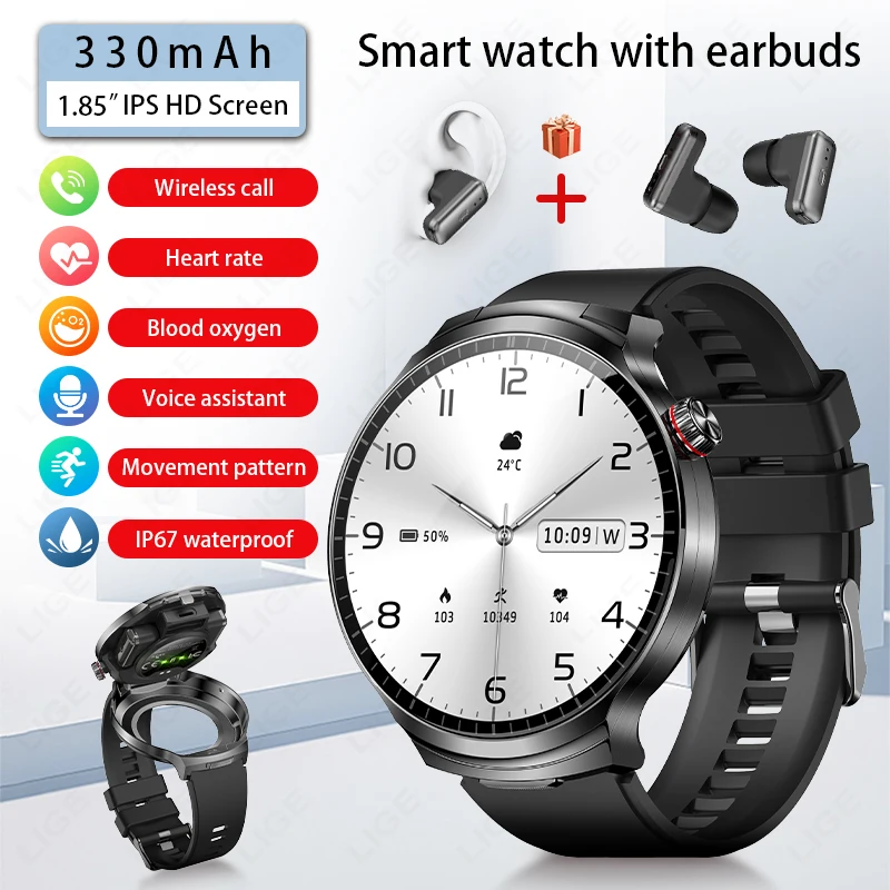 

LIGE 2025 New TWS Smart Watch With Earbuds Music Play 1.85'' Bluetooth Call Wireless Headphone Sports Bussiness Smartwatch Men
