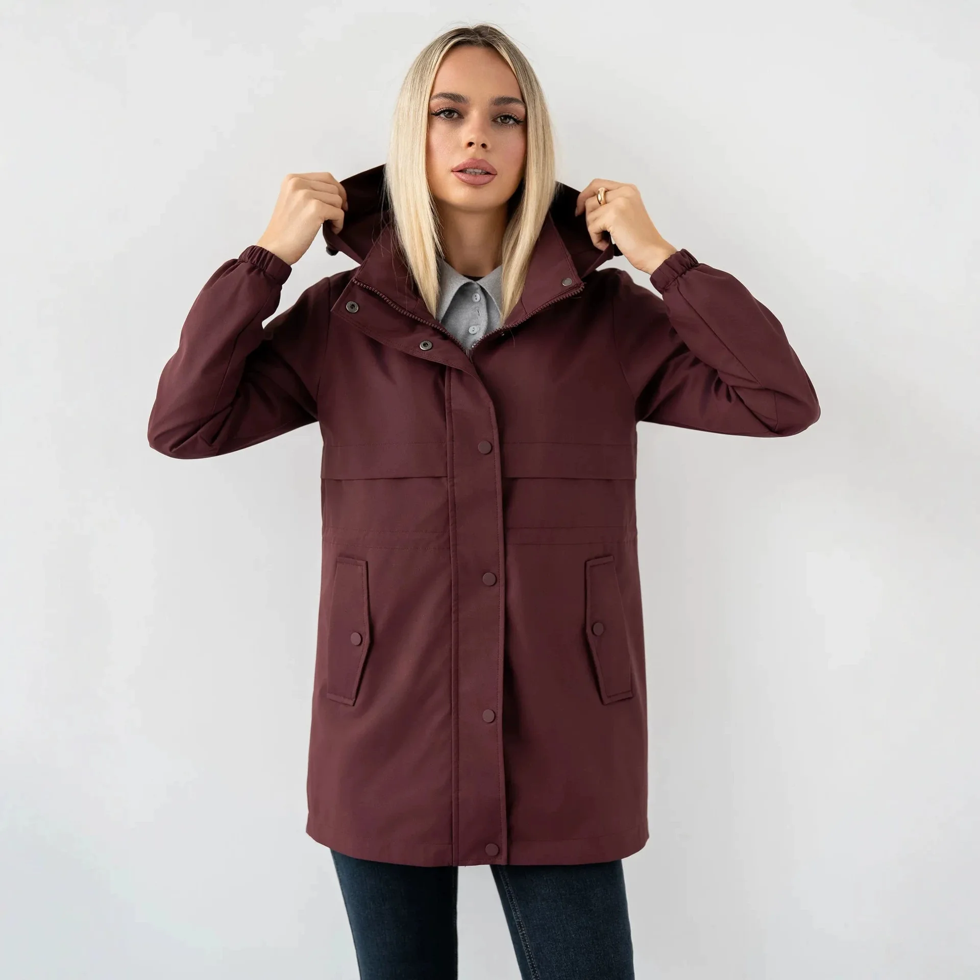 Women Coat Light Apricot Hooded Waist Trench Coat Women Spring Autumn Drawstring Waist Waterproof Short Cargo Jacket