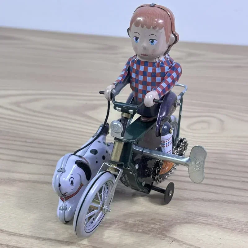 [Leuk] Collectie voor volwassenen Retro opwindspeelgoed Metaalblik De jongen lopen de hond per fiets motorfiets Clockwork speelgoedfiguren model kindercadeau