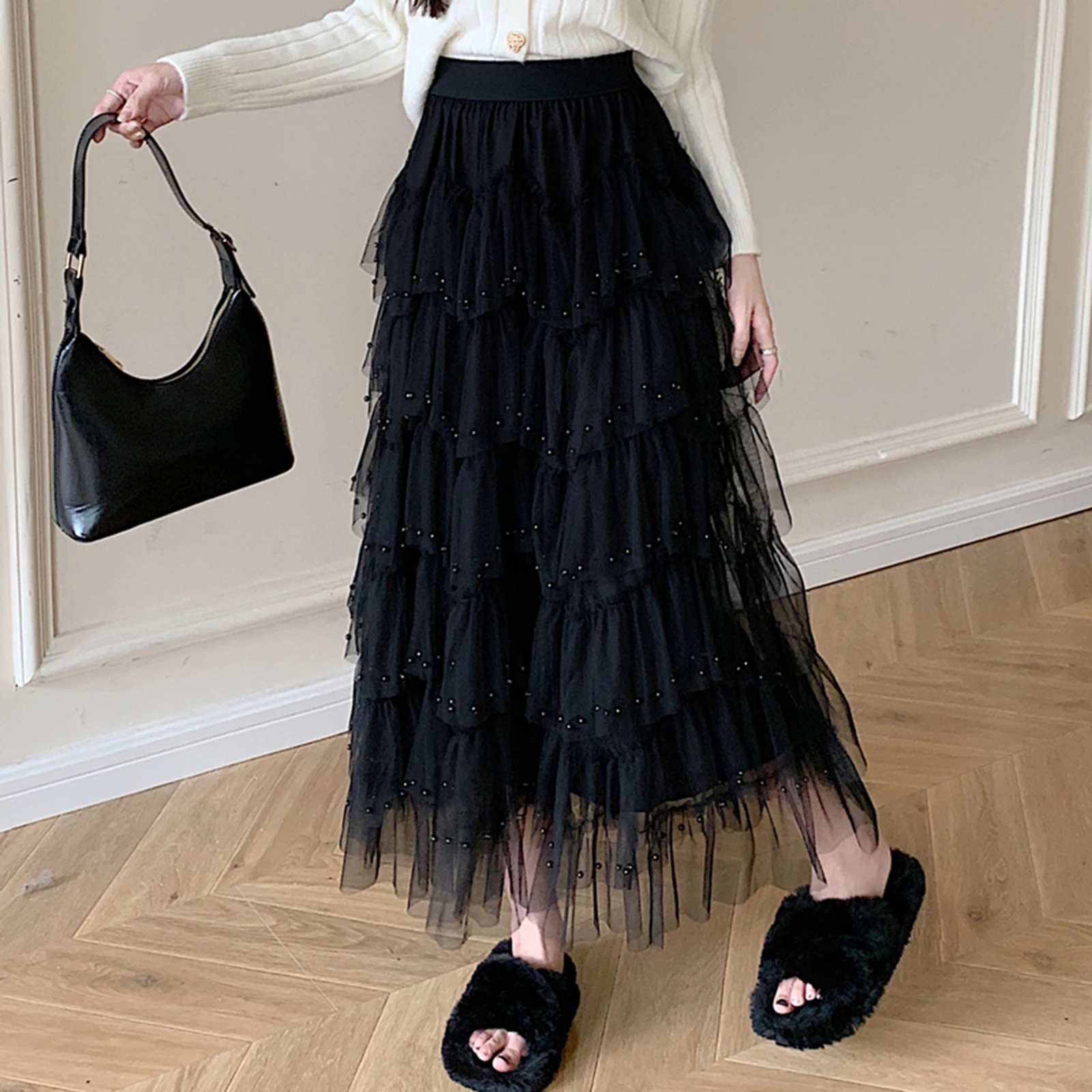 Damen Midi Röcke Perlen elastische Röcke mit hoher Taille Frühling Sommer lose lässige Tüll Tutu Röcke