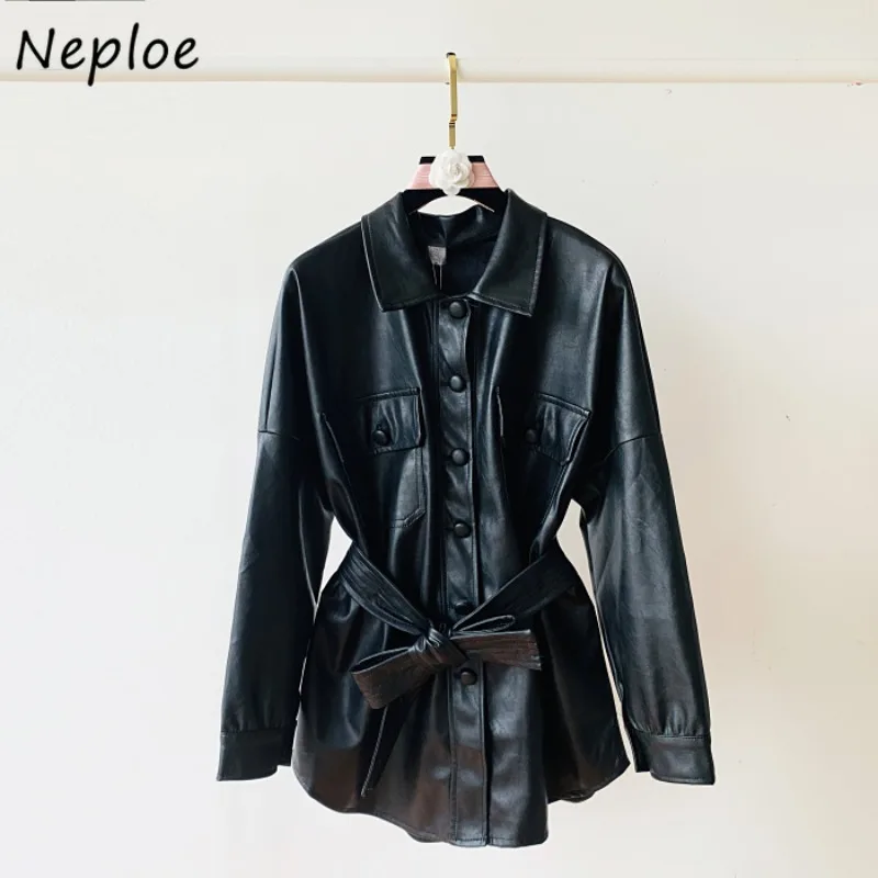 Neploe Korean Medium Long Length PU Leather Jackets Femme 2024 Autumn Winter Waist Cinched Lapel Handsome Motorcycle Coats