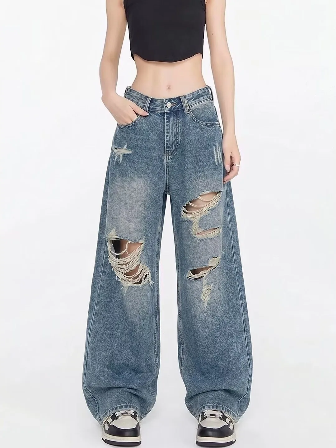 Trendy Lazy Wide Leg Denim Jeans Women's Spring Autumn New Large Size Fat MM Loose Slimming Drapey Straight Long Pants