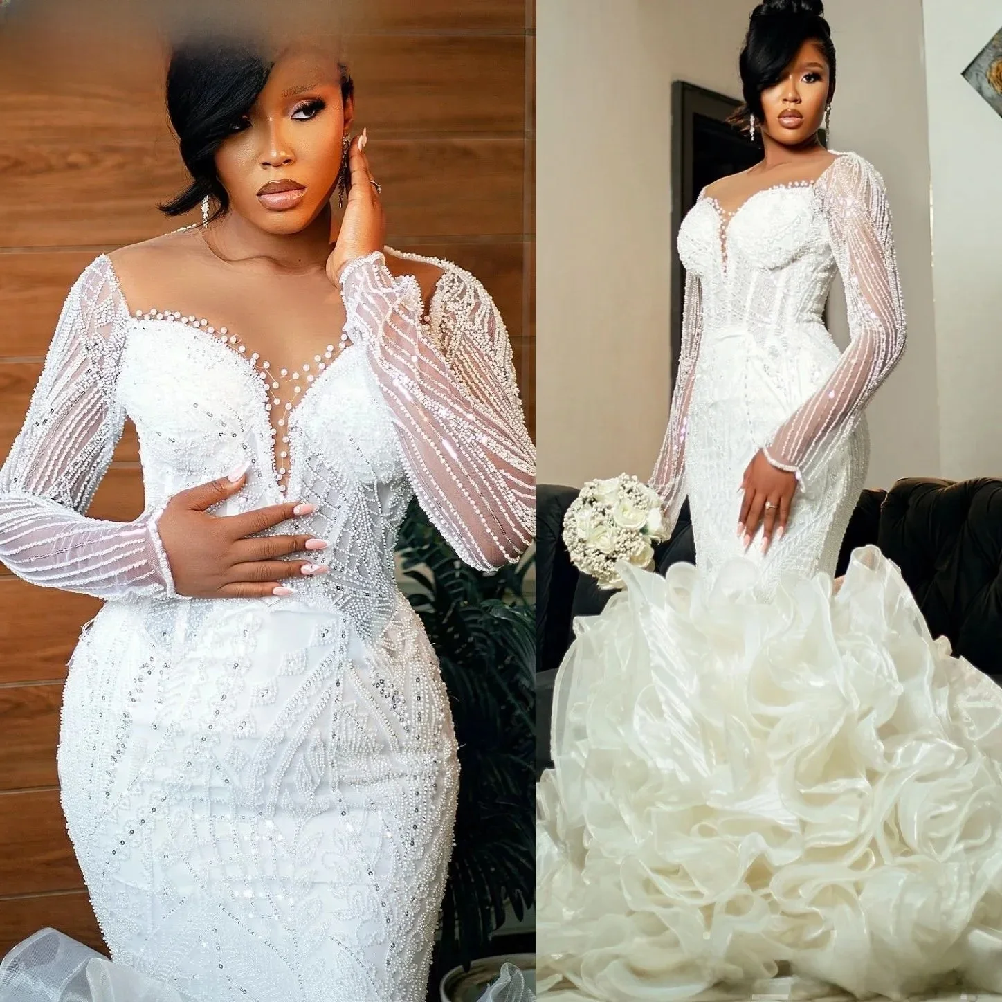 Customized Arabic Aso Ebi Plus Size Ivory Wedding Dress Crystals Beaded Sequined Sweetheart Luxurious Bridal Gowns Dresses