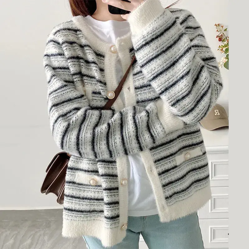 Spring Autumn Fleece Striped Women's Sweater Jacket Loose Slimming Casual Fashion Age Reducing Cardigan Knitted Top for Women