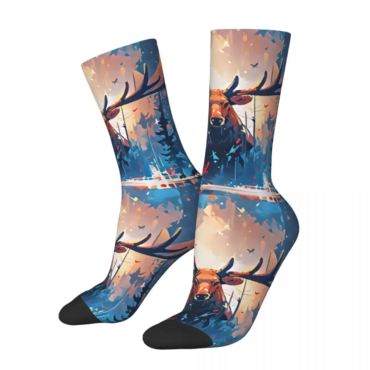 Funny Happy Sock for Men Mystical Moose Art Vintage Breathable Pattern Printed Crew Sock Novelty Gift