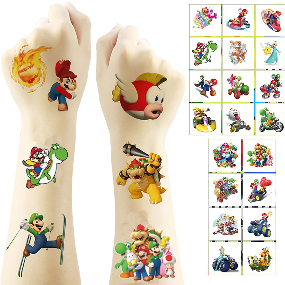 20PCS Cartoon Anime Super Bros Temporary Tattoo Stickers Cute Mario Waterproof Tattoos Sticker Pack Kids Girl Gift Children Toy