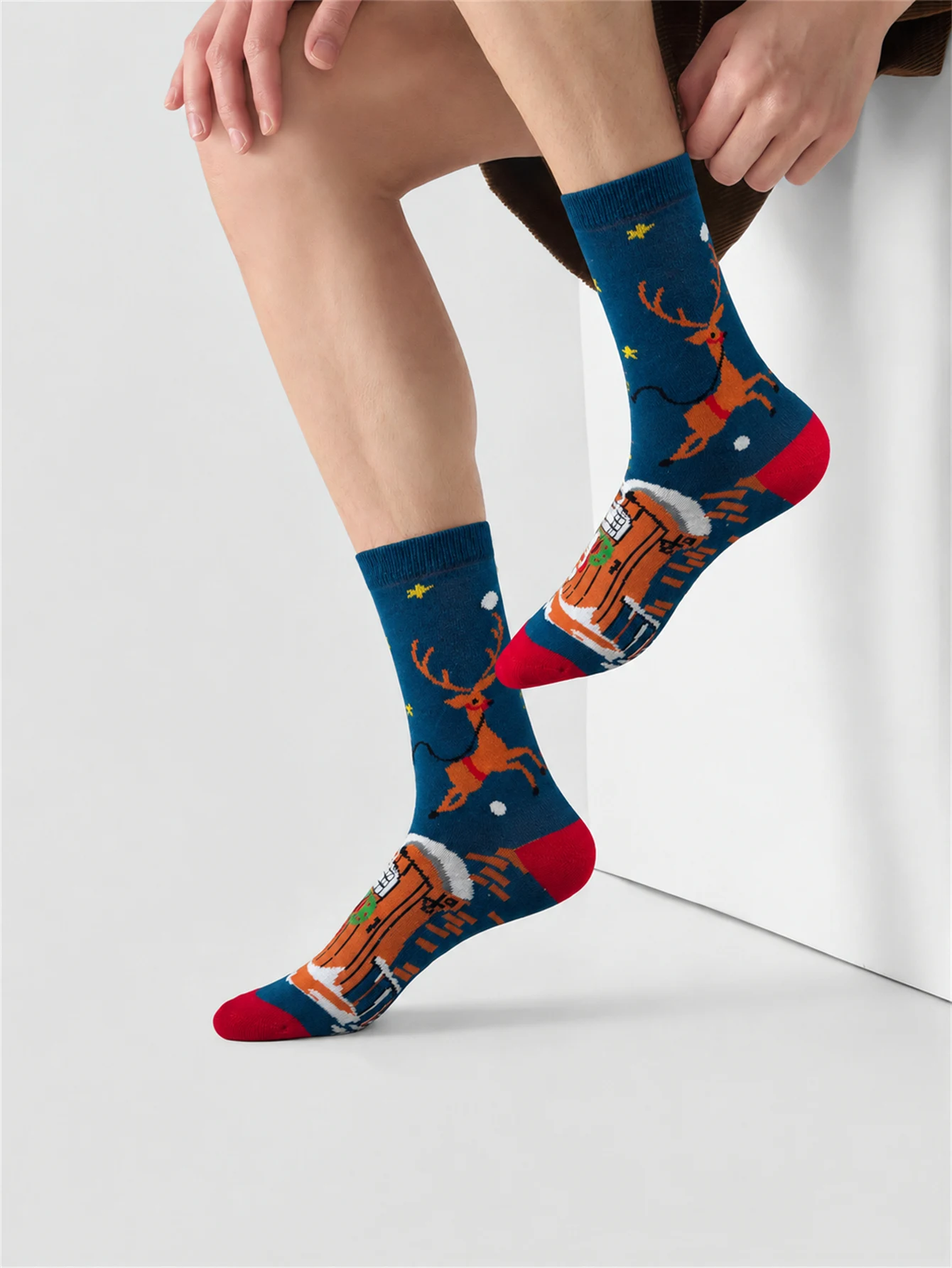 Christmas Cotton Socks Navy Reindeer Sleigh House Funny Novelity Socks Soft Cotton Warm Winter Socks Unisex Holiday Party Gift