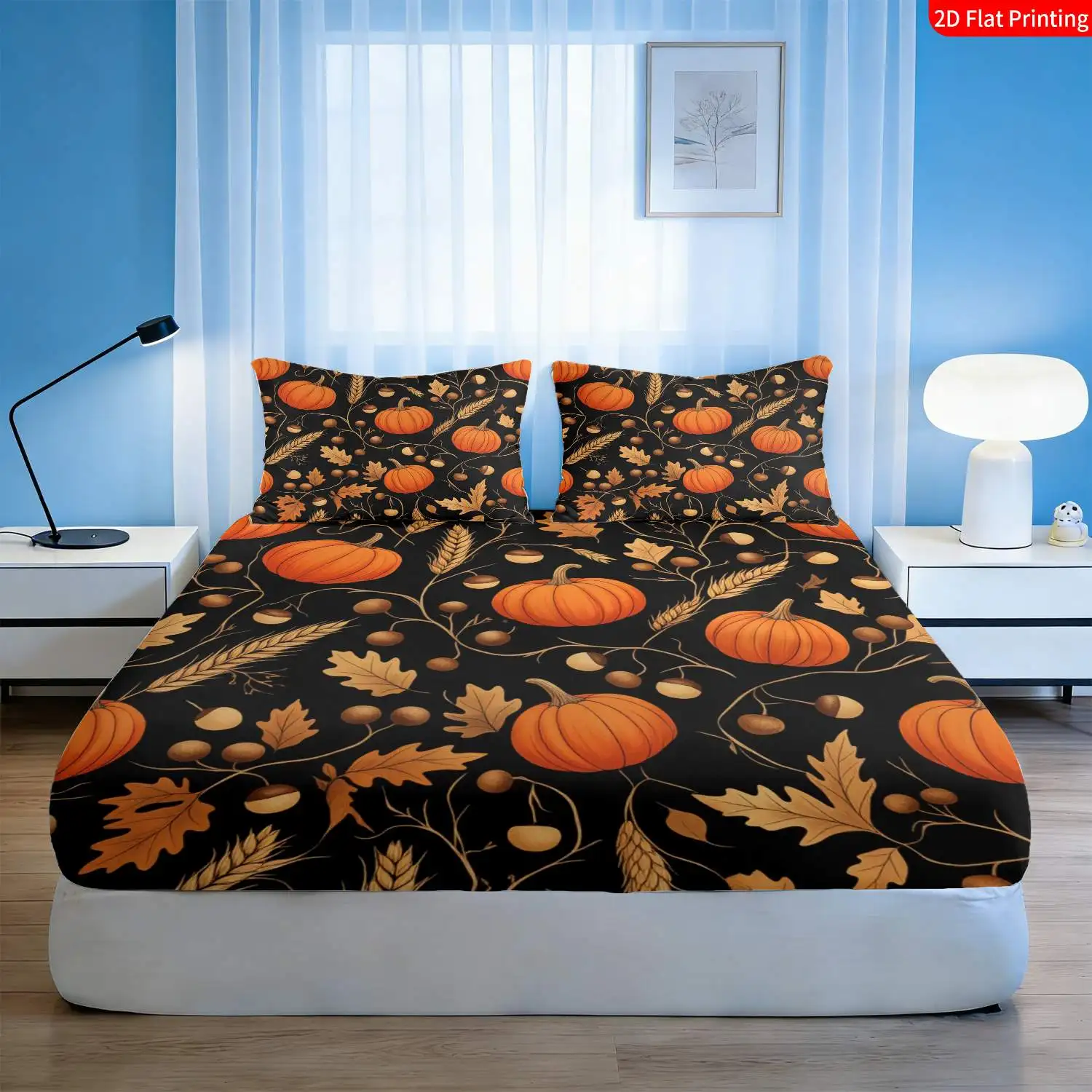 Thanksgiving Harvest Season Pumpkin Party Mattress Protector with Pillowcase, 1 Fitted Sheet + 2 Pillowcases (Without Filling) 2D Flat Printing, Mattress Protector, Mattress Cover, Elastic Fitted Sheet Cover, King/Twin/Queen Size, Autumn Harvest Style, Pumpkin and Maple Leaf Theme Bedding, Black and Orange Color Scheme, Thanksgiving