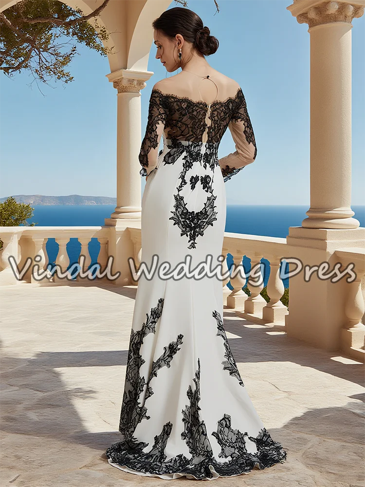 فستان زفاف حورية البحر من الدانتيل الأسود الأنيق من Vindal سويب تراين بأكمام طويلة كريب فستان رسمي للحفلات للنساء فساتين حفلات مخصصة #3