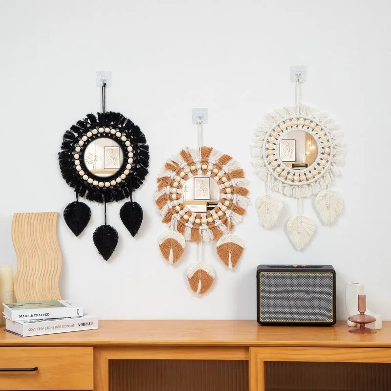 Hand Woven Wooden Beads Decorative Mirrors Wall Hanging Boho Condo Wall Decor Nordic Bedroom Living Room Hallway Home Decoration
