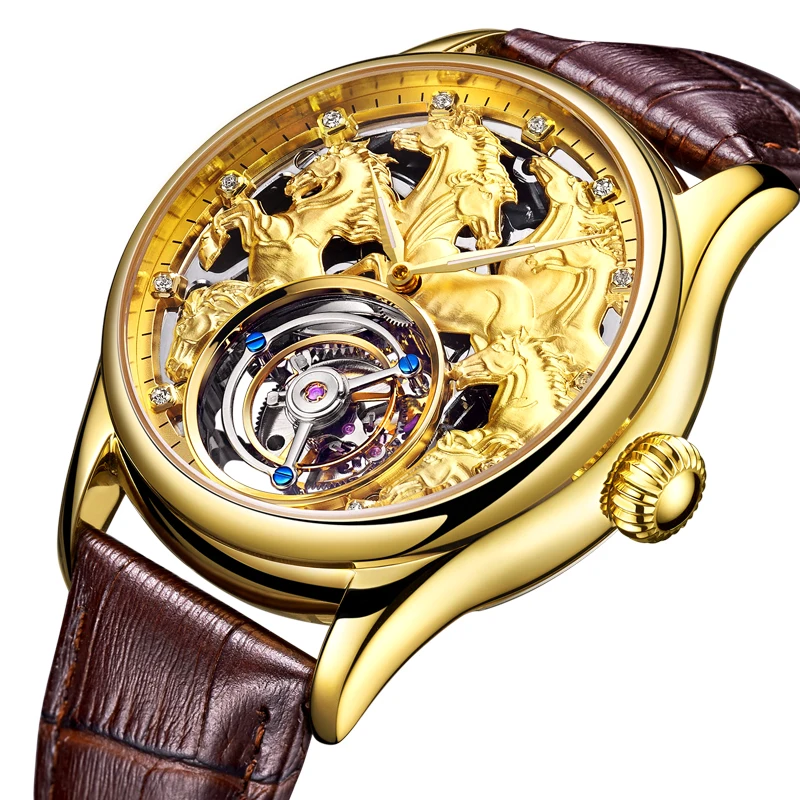 

Gold Zodiac Horse Men's Full Skeleton Luxury Tourbillon Mechanical Watch Sapphire Mens Genuine Leather Watches Relogio Masculino