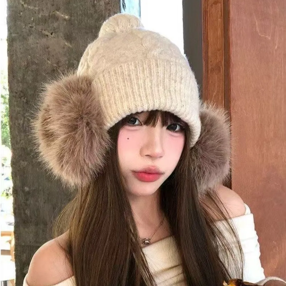 Plush Knitted Trapper Hat Ear Protection Large Head Circumference Pompom Beanie with Earflap Thick Faux Fur Ear Flaps Cable