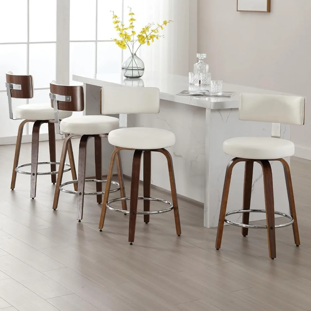 Café Chairs with Back and Round Seat, PU Leather Upholstered  Island Stools for  Counter, Walnut Bentwood Legs,Café Chairs