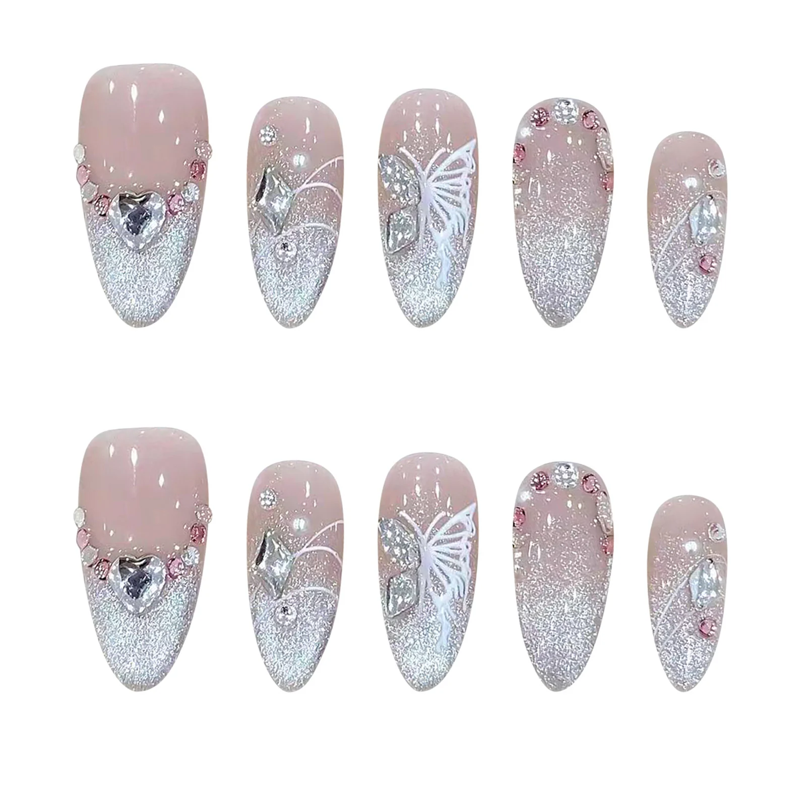 Handmade Press on Nails French Pink Cat Eye Fake Nails with Glitter Love Crystal Design Almond False Nails for Women Wearable