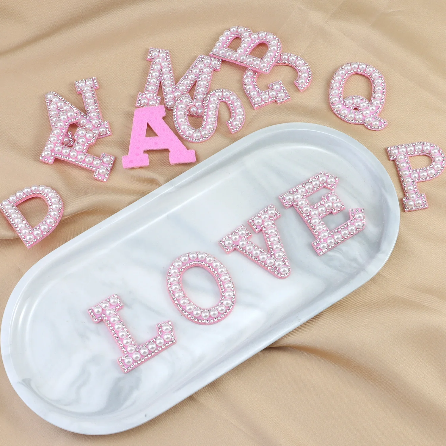 26pcs A-Z Glitter Pearls Rhinestone Letter Patches Repair Embroidered Sew on Appliques, Patches for DIY Clothes Bags Hats