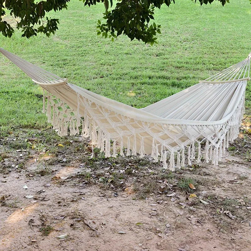 Bohemian Double Hammock Red White Striped Pattern with Tassels Heavy Duty Outdoor Rope Hammock with Carry Bag