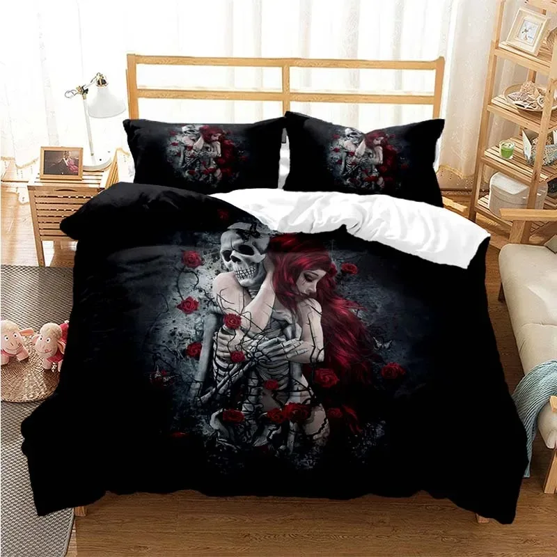 

Sugar Skull Duvet Cover Set Queen Size Flowers Skeleton Bed Linen Double Bedding Set with Pillowcase King Size Skull Quilt Cover