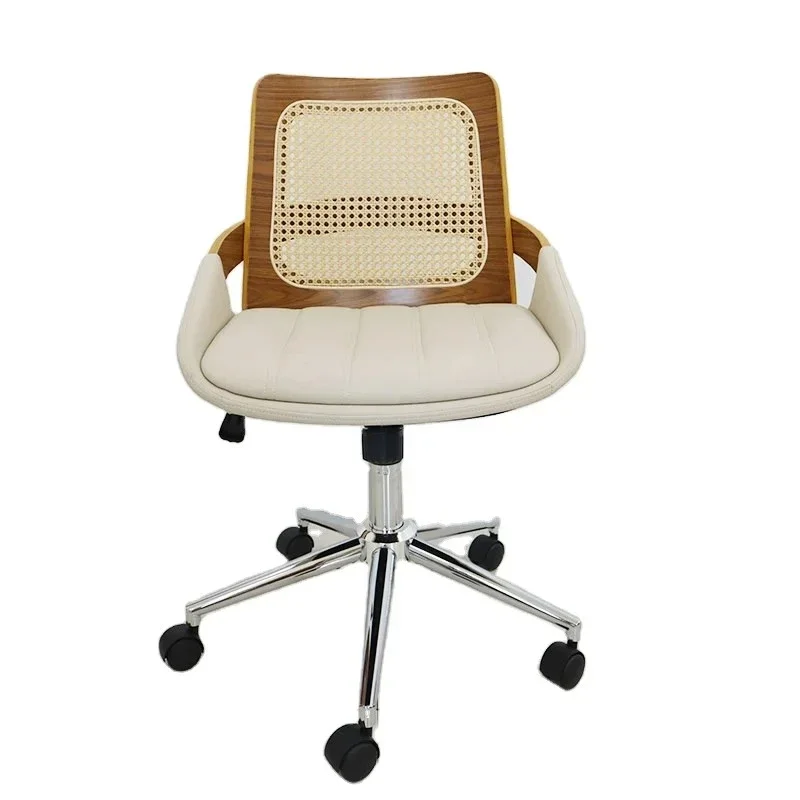 Luxury Upholstery Home Comfort Swivel Executive Grey Metal Frame Armrest Office Chair with Rattan Back