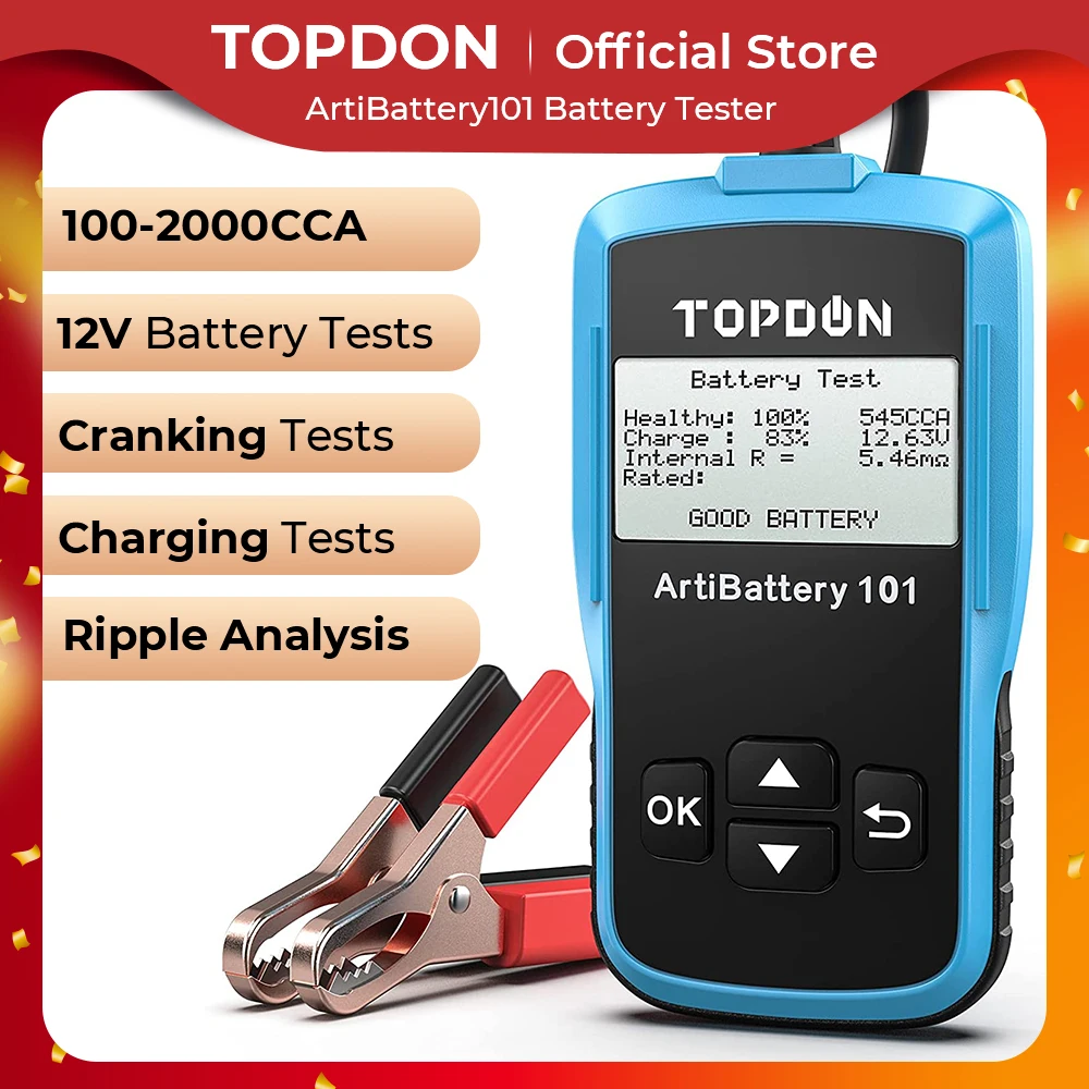 TOPDON-AB101 Digital Battery Tester 12V Monitor de Bateria De Carro Portátil, Cranking e Carregamento Tester Circuito, Analisador Automático, Veículo