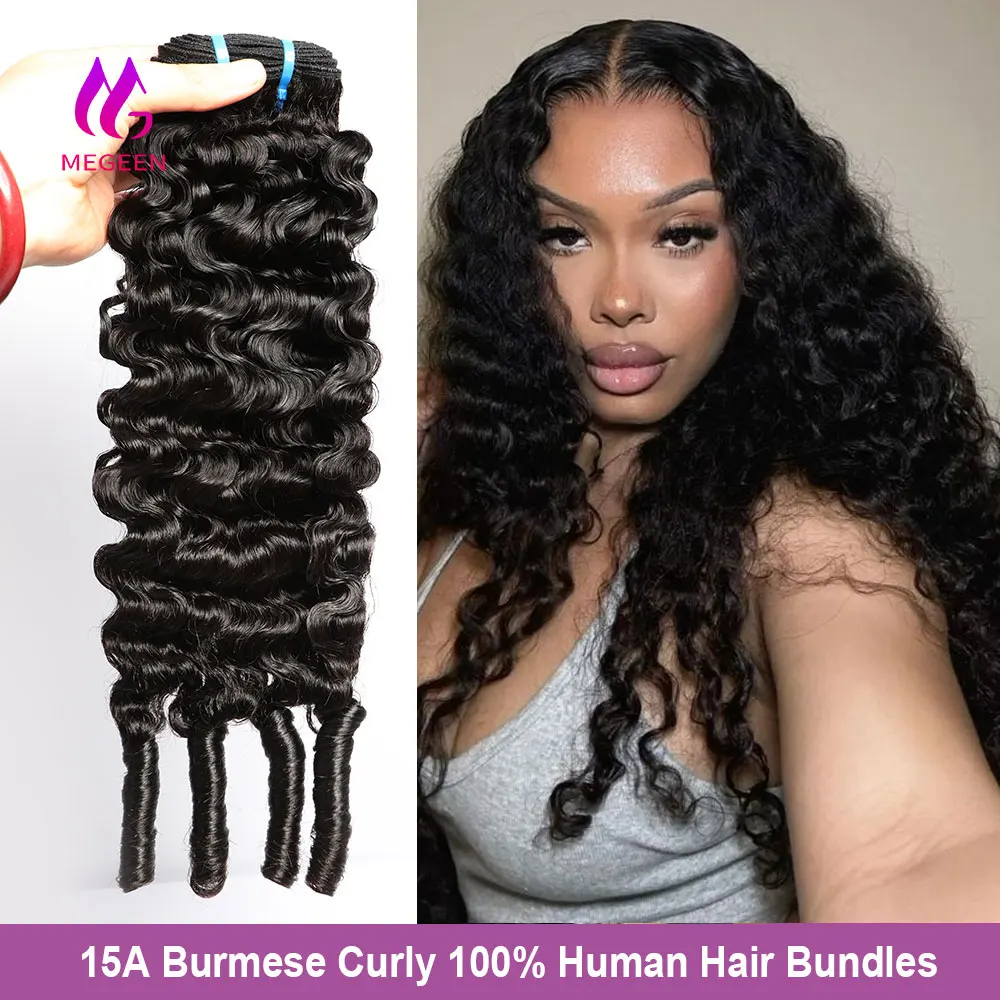 Megeen 1/3/4Pcs Weave Hair Extensions Virgin Hair Burmese Curly Bundles with Spriral Ends 15A Unprocessed Human Hair Deep Wave