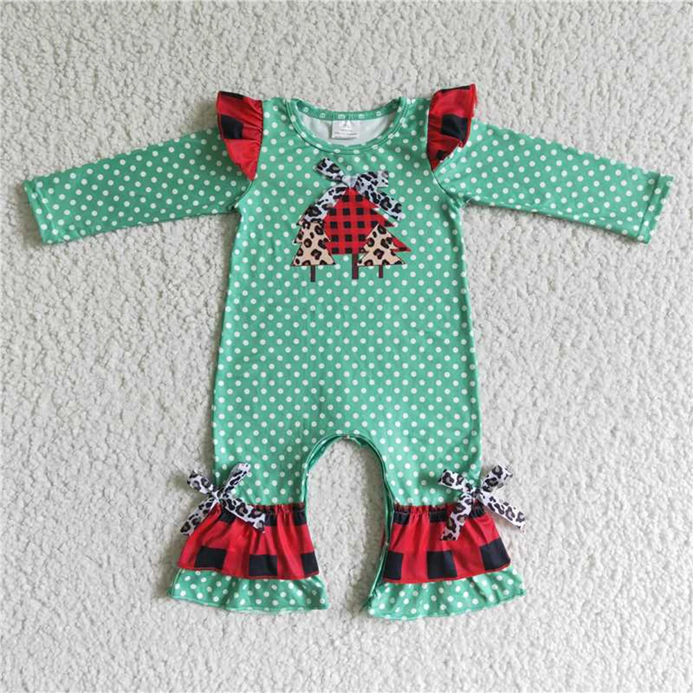 

Sibling Baby Girls Santa Camo Ruffle Rompers Olive Cotton Christmas Tree Embroidery Baby Christmas Outfit Girls Holiday Romper