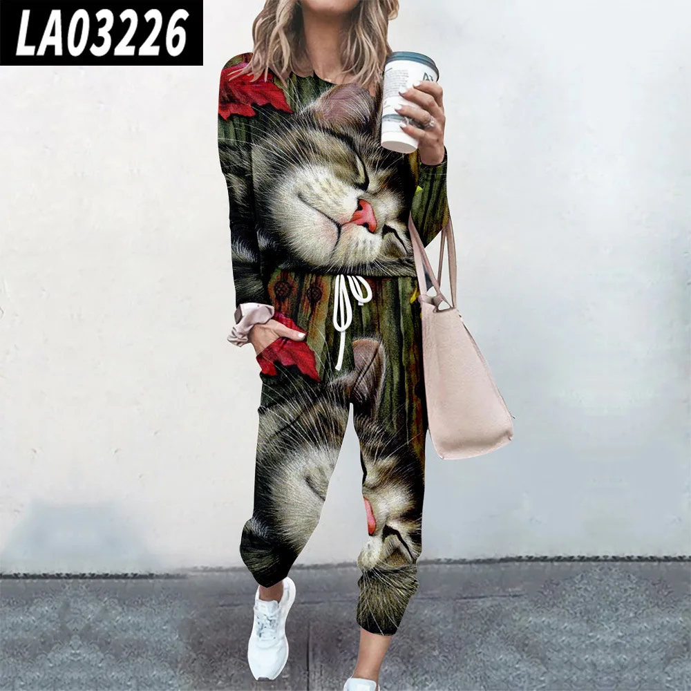 

Spring Women Cute Cat Print Pullover Tracksuit Sportswear Spring Autumn Two Piece Sets Sports Trouser And Sweatshirts Suit