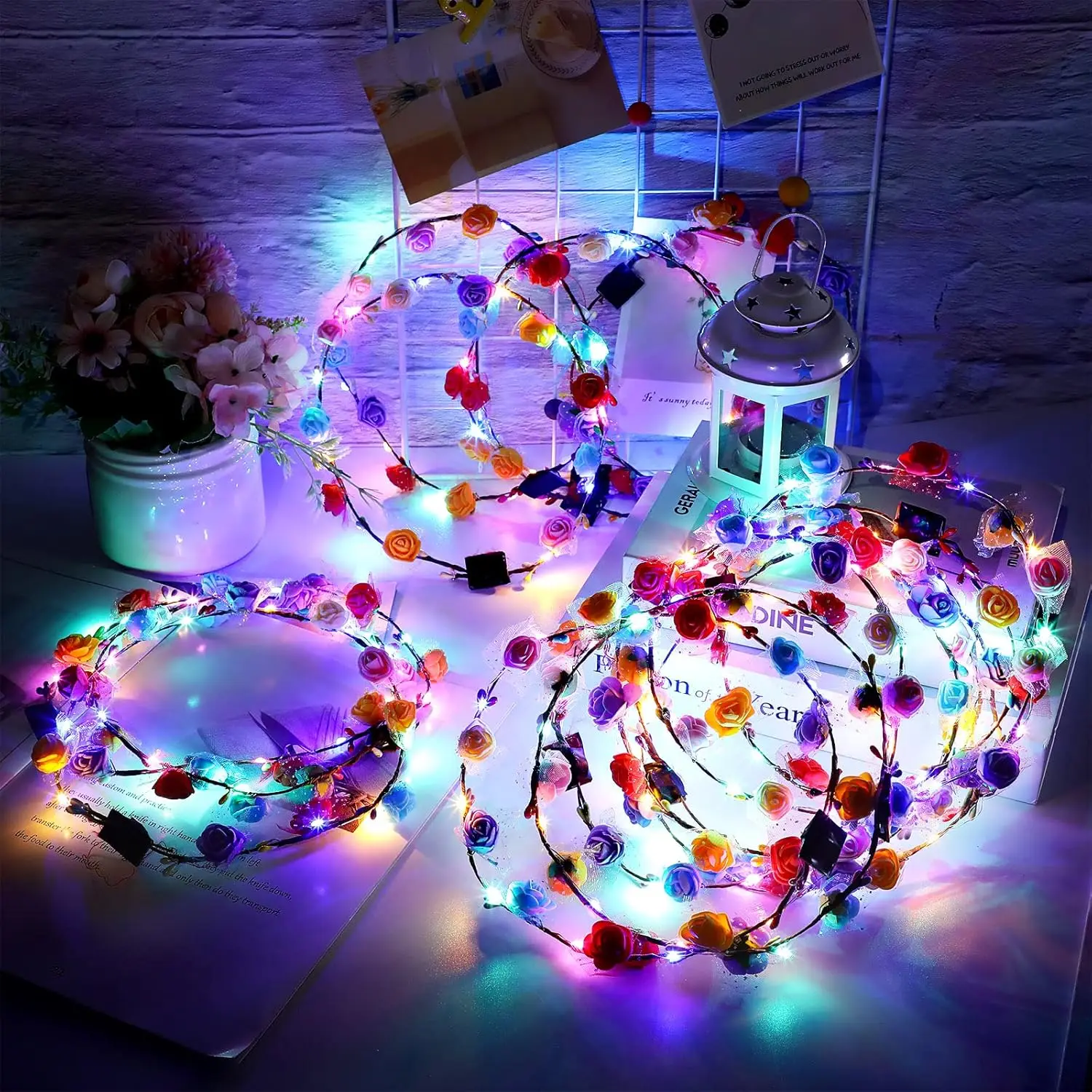 10pcs LED Floral Wreath Crowns Light Up Headband Artificial Flowers Garland Luminous Flower Headbands Wedding Festival Party