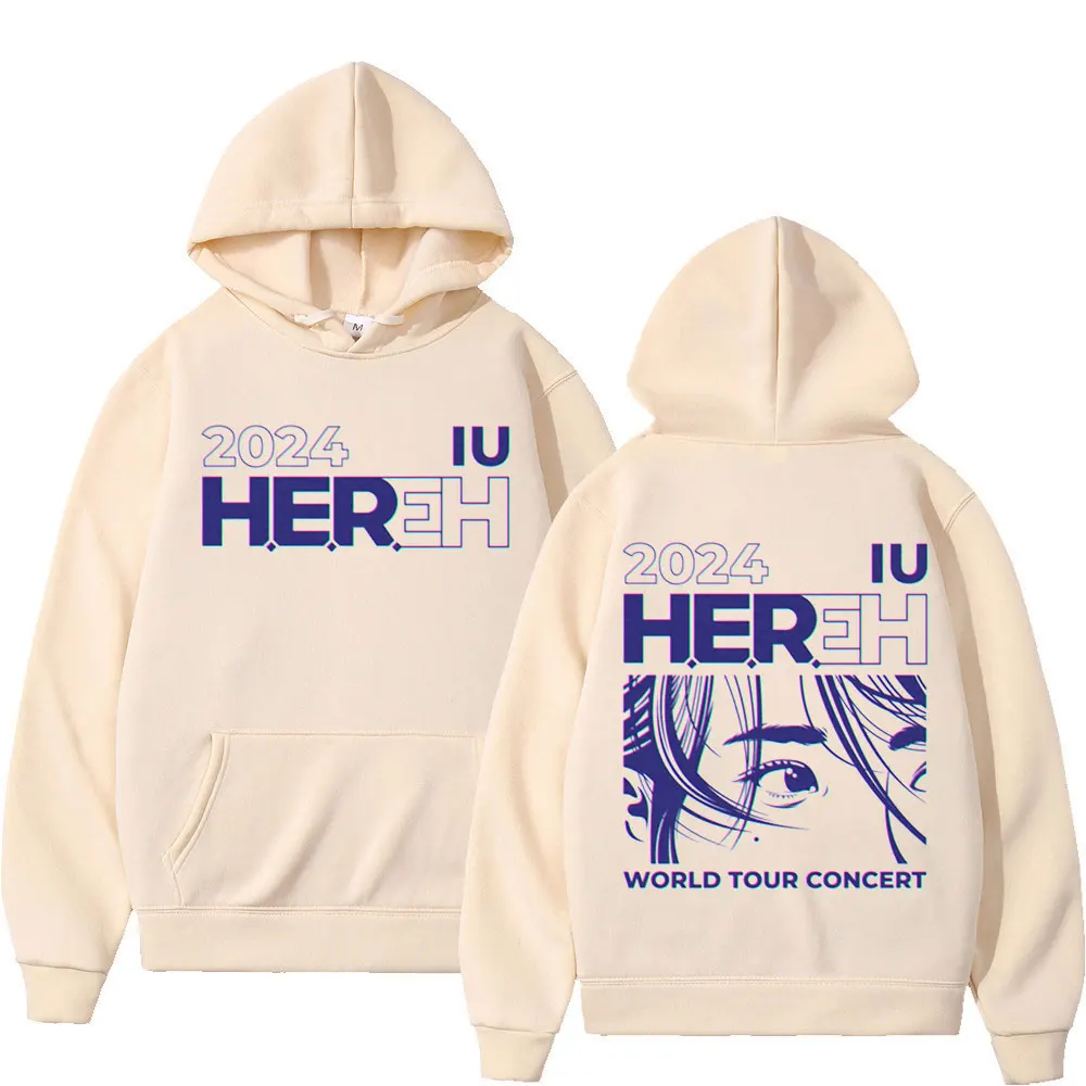 Kpop IU HEREH Hoodie de impressão dupla face para homens e mulheres, moletons de manga comprida, pulôveres casuais retrô, World Tour, tendência da moda, 2024