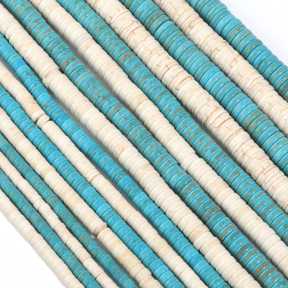 1 String Natural Stone Beads White Blue Flat Round Turquoise Spacer Bead For DIY Jewelry Bracelets Necklace Accessories Supplies