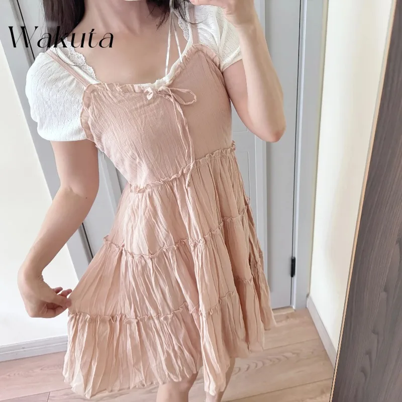 

WAKUTA Japan Harajuku Summer V-neck Sleeveless Strap Robe Fashion Lace Strap Bow Retro Beach Vacation Versatile College Dresses