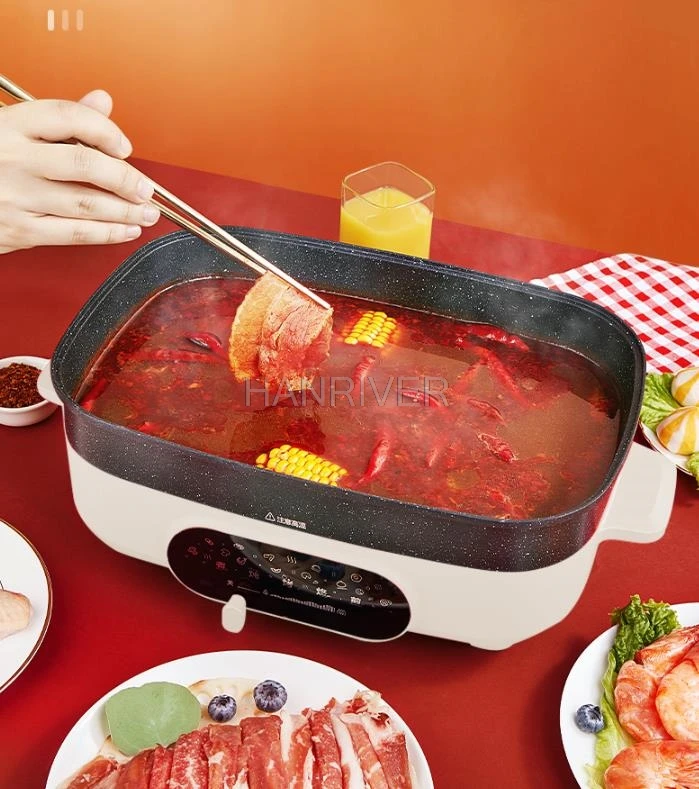 وعاء ساخن كهربائي متعدد الوظائف وعاء الطبخ الكهربائي الشواء وعاء اللحوم صافي وعاء أحمر واحد الطبخ والقلي المنزلي