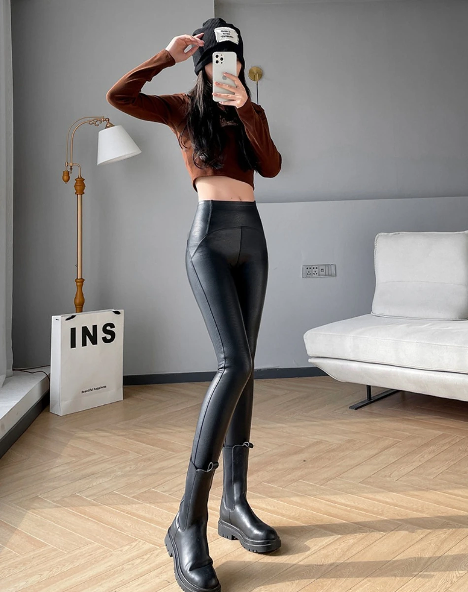 Herbst Winter Damen High Waist Tights Stretch Weiche Dünne Fleece Leggings Sexy Schlankmachende PU-Lederhosen Modische Damenkleidung – Detail 14