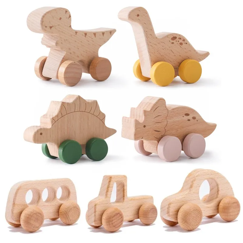 Wooden Baby Teether Toys Beech Wooden Dinosaur Cartoon Car Bus Teetherer Montessori Toys For Children Teething Chew Toys Gift