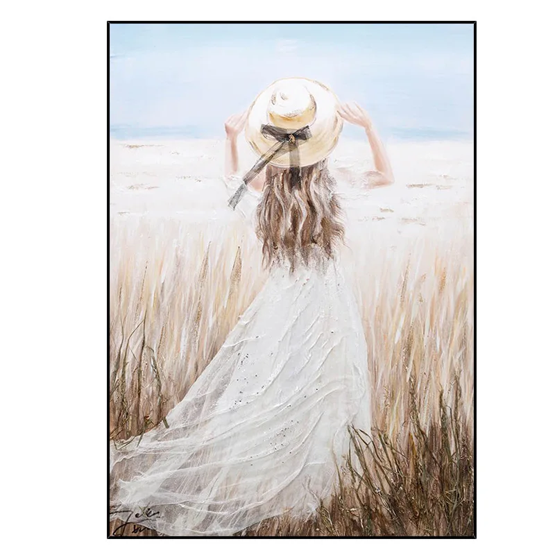 

Hand-painted oil painting seaside girl light luxury porch hanging painting living room background wall decoration