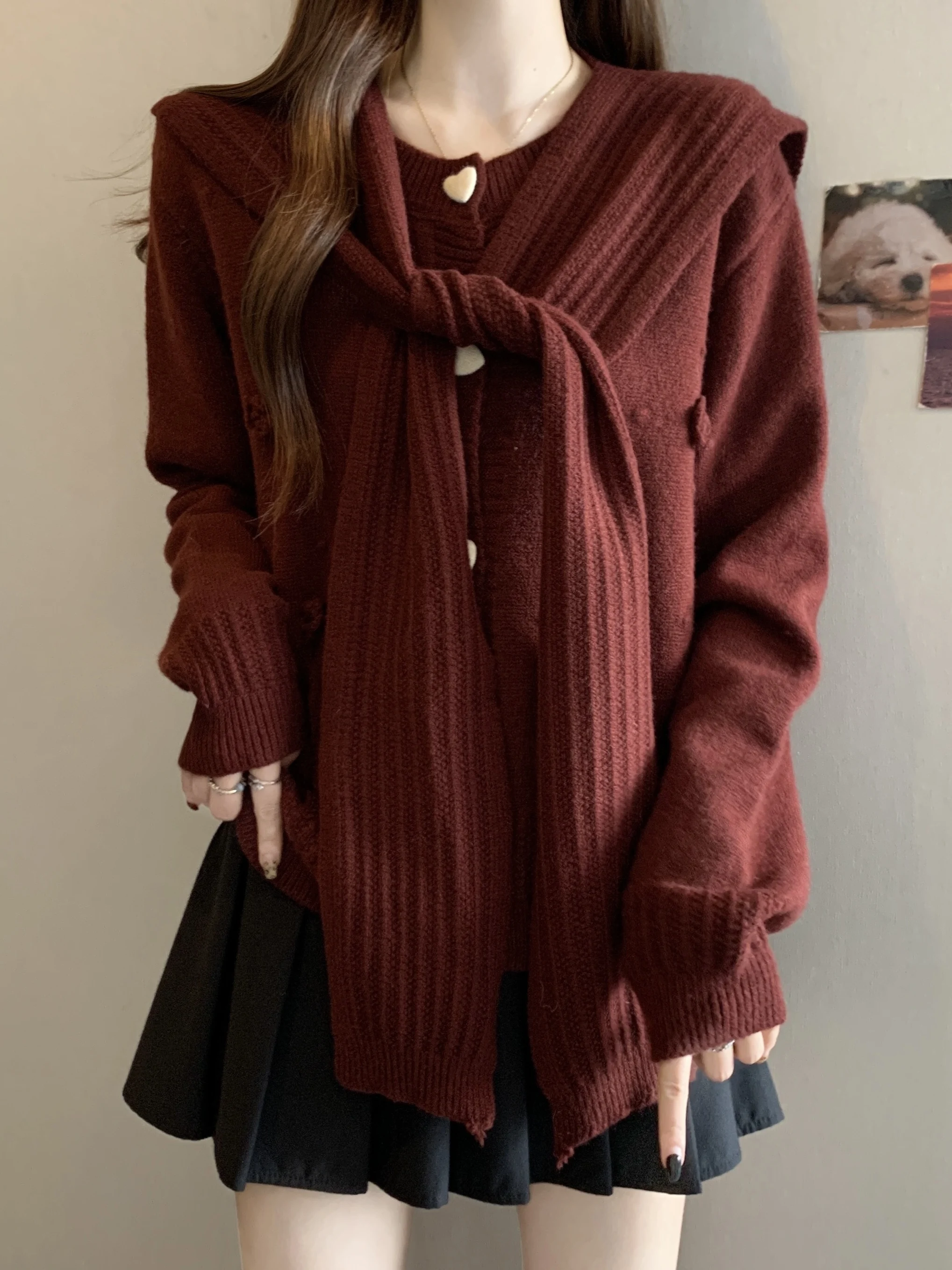 

plus Size Women's Red Knitwear Coat oulder Design Loose Fit Autumn Outerwear Versatile plus Size Fem Casual Long Sve Top