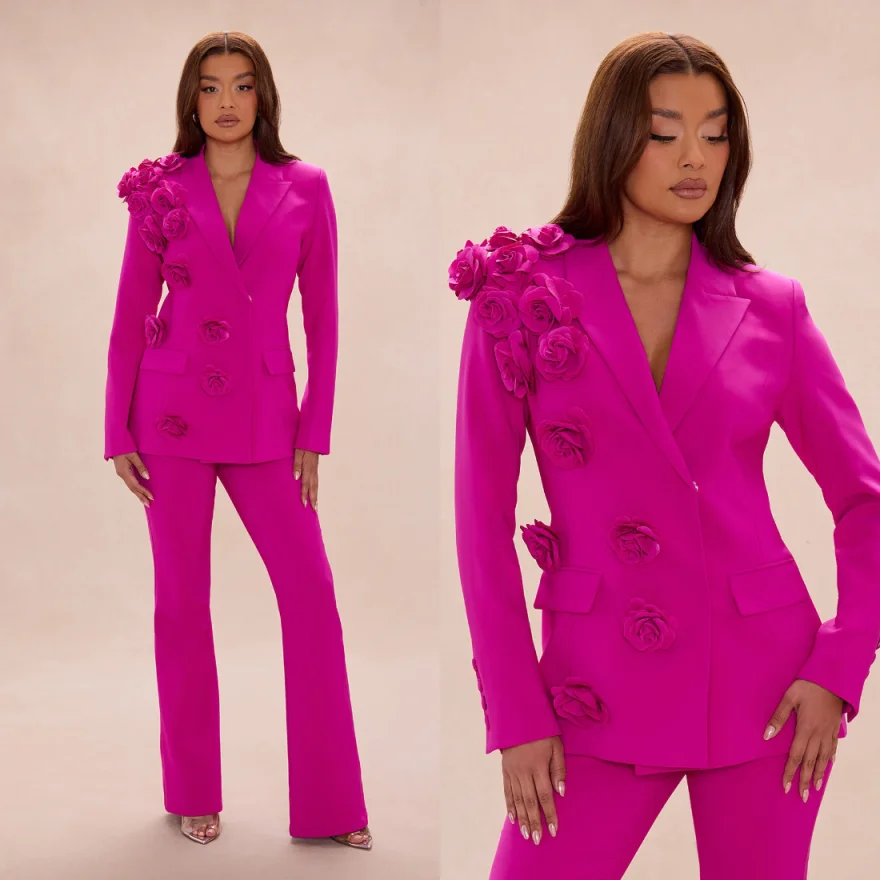 3D Flowers Women Suit 2 Pieces Jacket Pants Notched Lapel Double-Breasted Formal Blazer Full Slim Fit Pocket Daily Dresses