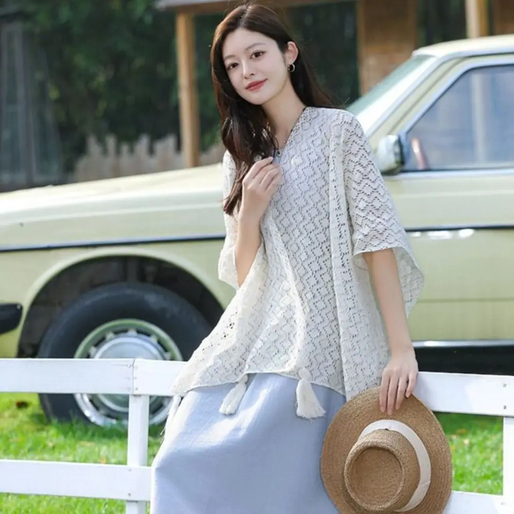 أزياء أنيقة العرقية نمط شرابة شال ملون رقيقة واقية من الشمس الكروشيه سترة جوفاء الرجعية وشاح الشاطئ في الهواء الطلق #1