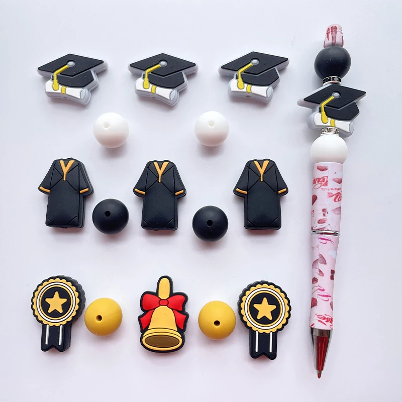 12PCS New Bachelor's Uniform Cap Graduation Season Silicone Beads Bell Graduation Certificate Focal Beads DIY Wristlets Keychain