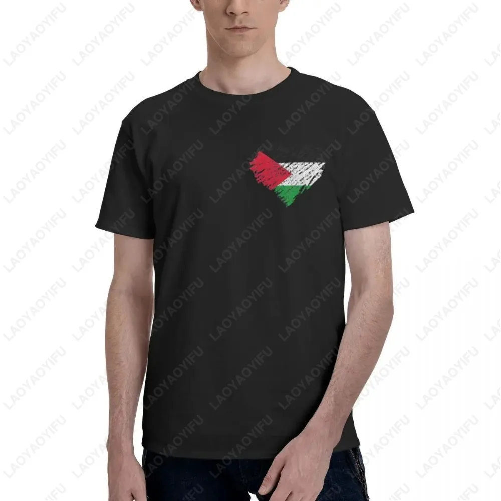Palestine Palestinian Heart Scribble Vintage Men T-Shirt Streetwear Printed Fashion Short Sleeve Casual O-Neck Pure Cotton Tops